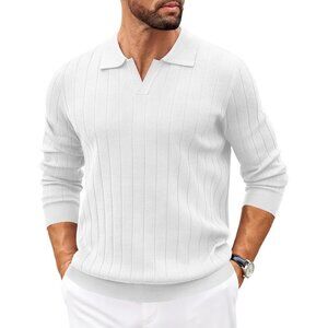 Coofandy Men White Polo Long Sleeve V Neck Knit Lightweight Pullover Sweater